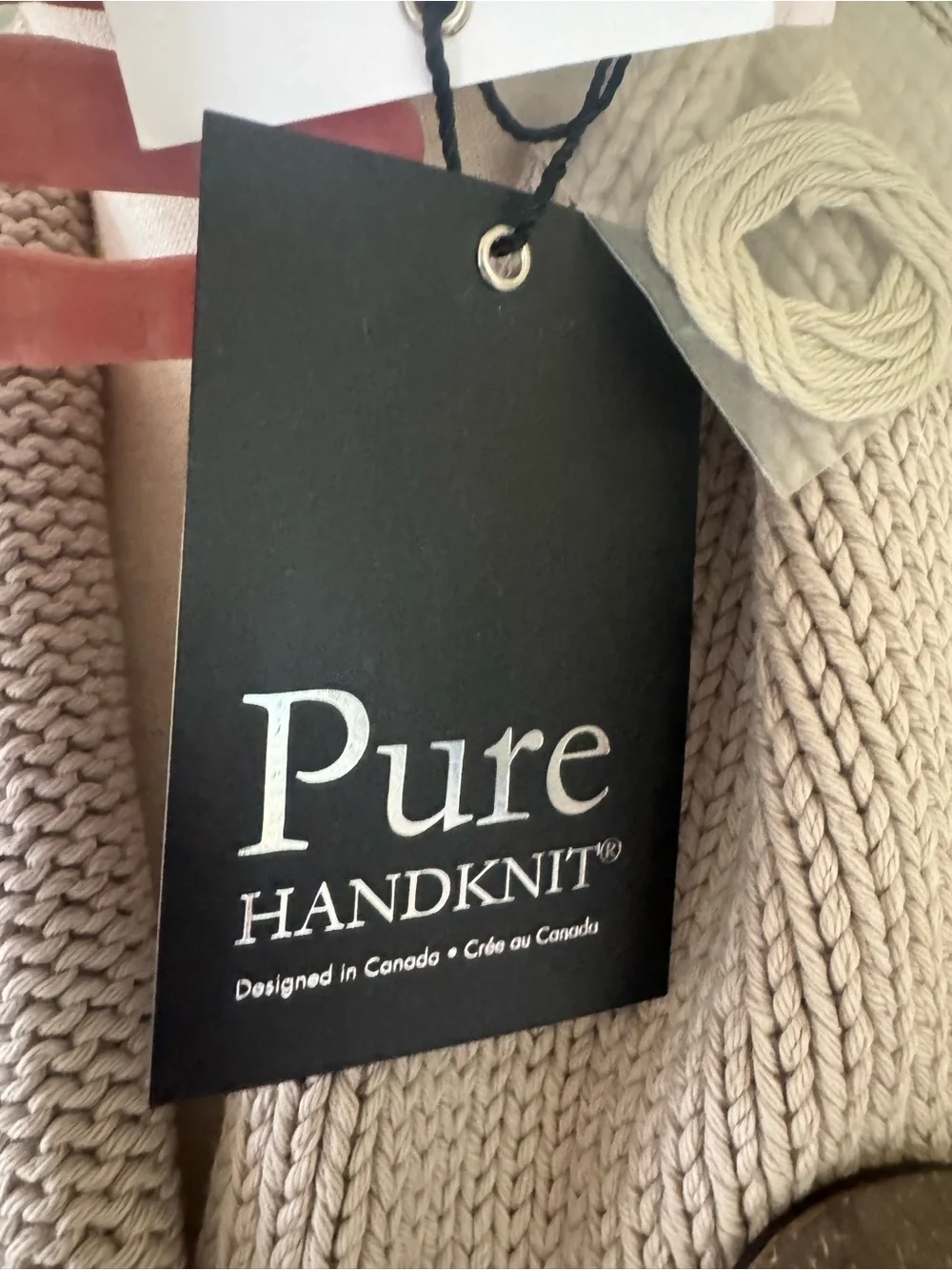 Pure Handknit taupe knit wrap scarf shawl coconut shell buttons NWT